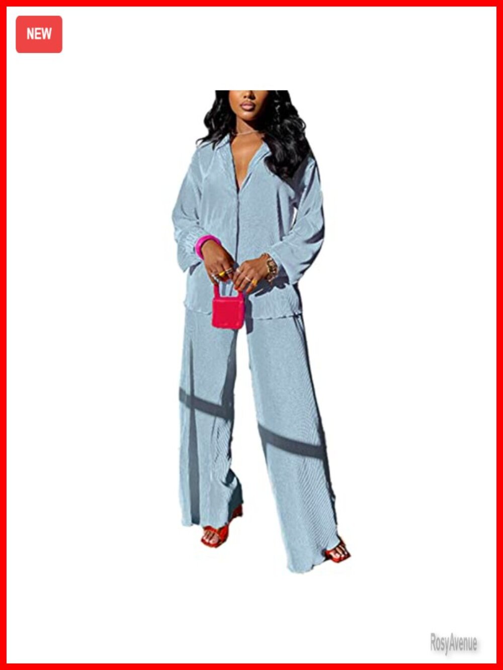 Plisse 2 Piece Set Shirt Wide Leg Pants Casual Loose Fit Travel